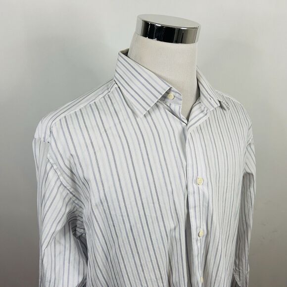 David Donahue 17.5 32/33 Dress Shirt Blue White Striped Cotton Regular Fit - Picture 1 of 5